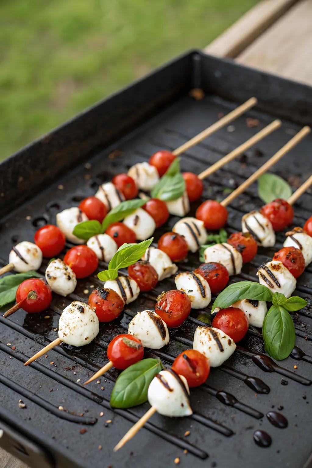 Elegant grilled Caprese skewers with balsamic drizzle.