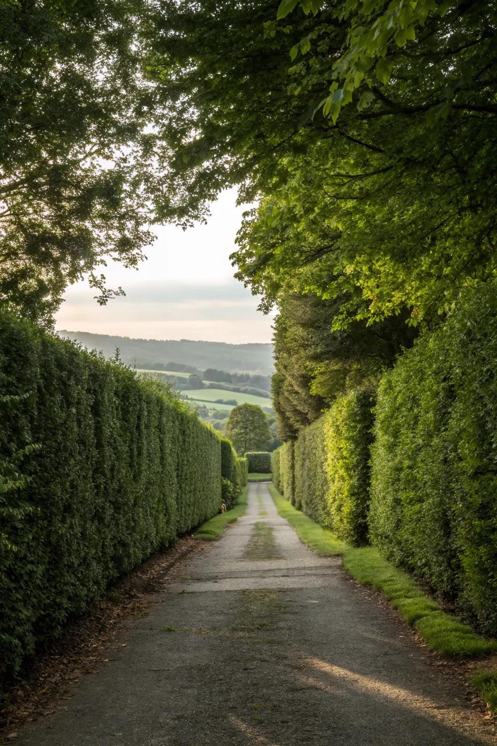 Tall hedges offer privacy and a lush, green backdrop.