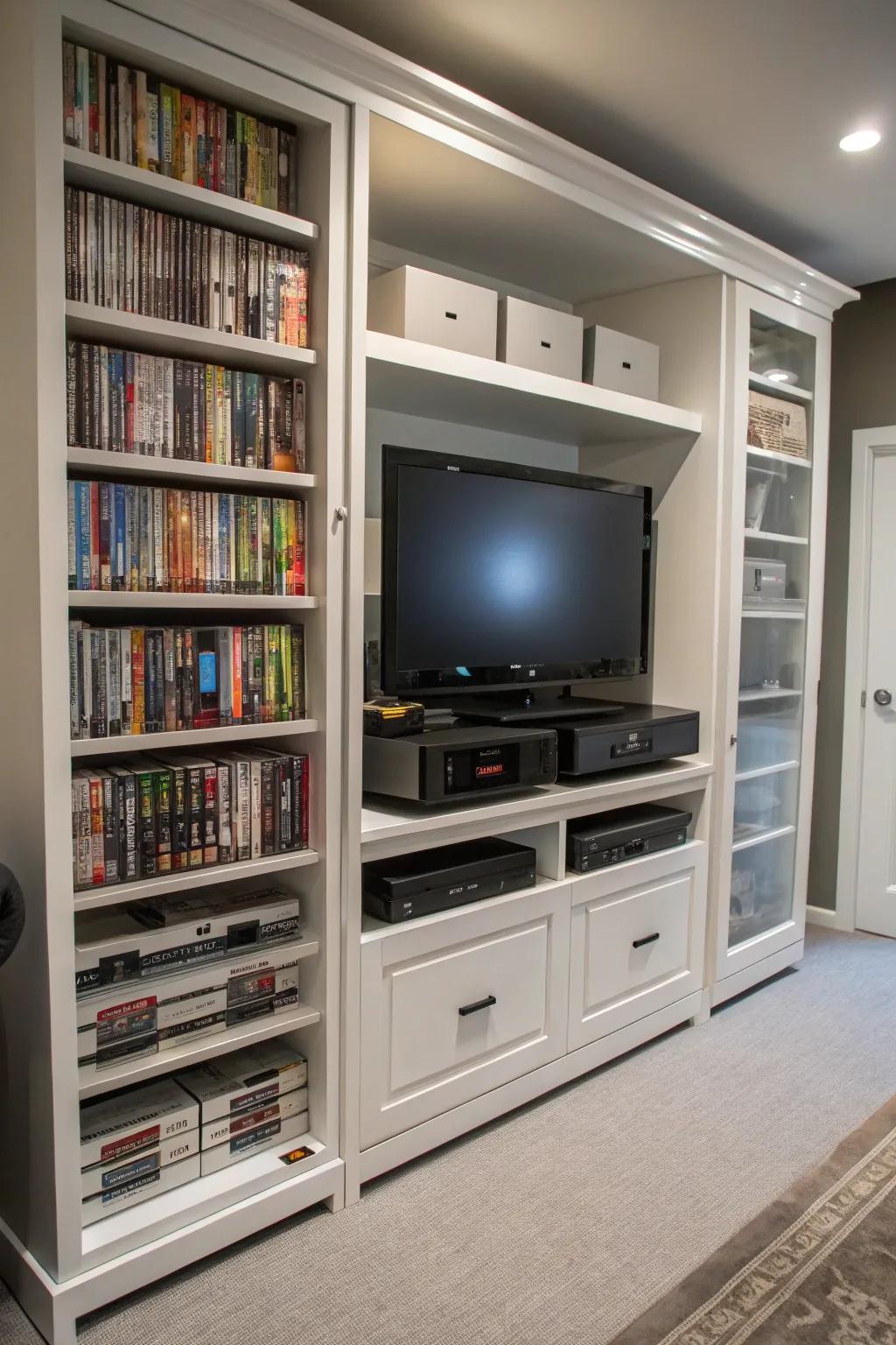 An entertainment hub providing both visible and concealed storing options.