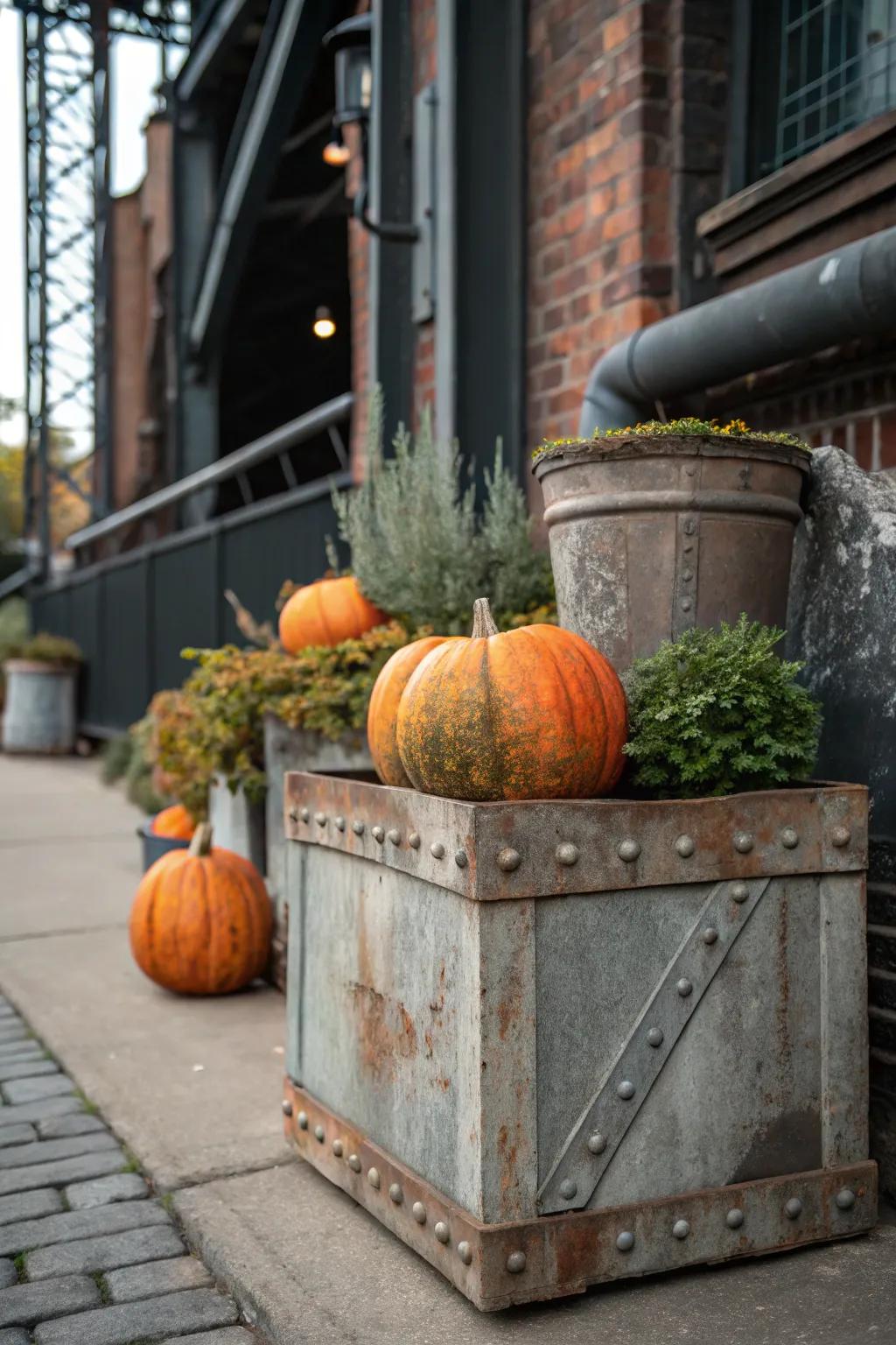 Weathered metal adds an industrial edge to pumpkin arrangements.