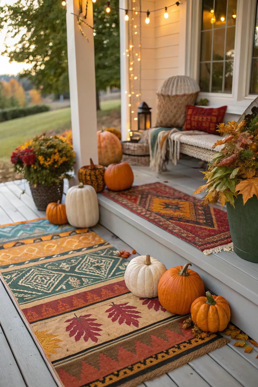 Layered pile contributes depth and coziness to the autumn porch decorations.