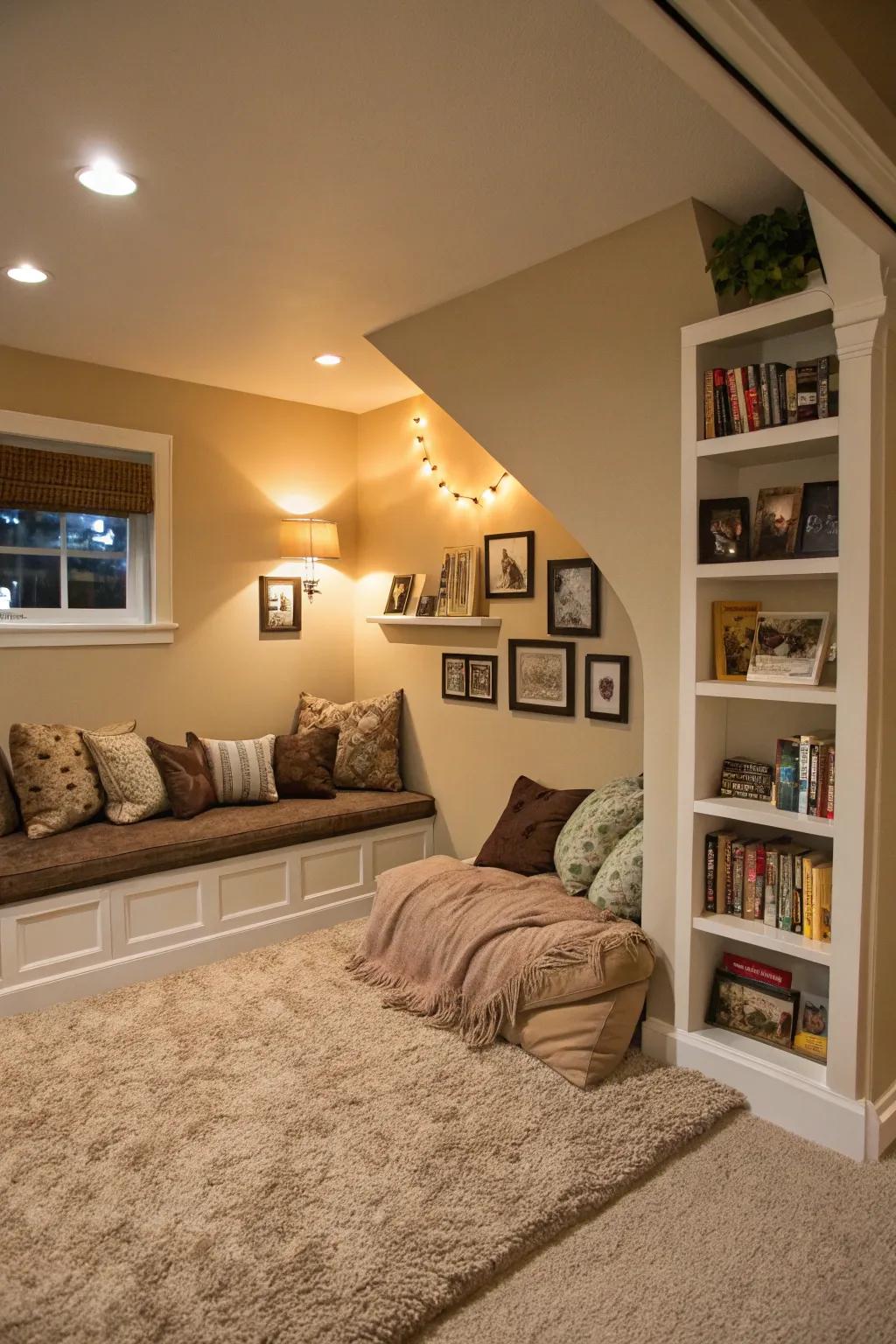 A cozy nook with a high-pile carpet invites relaxation.
