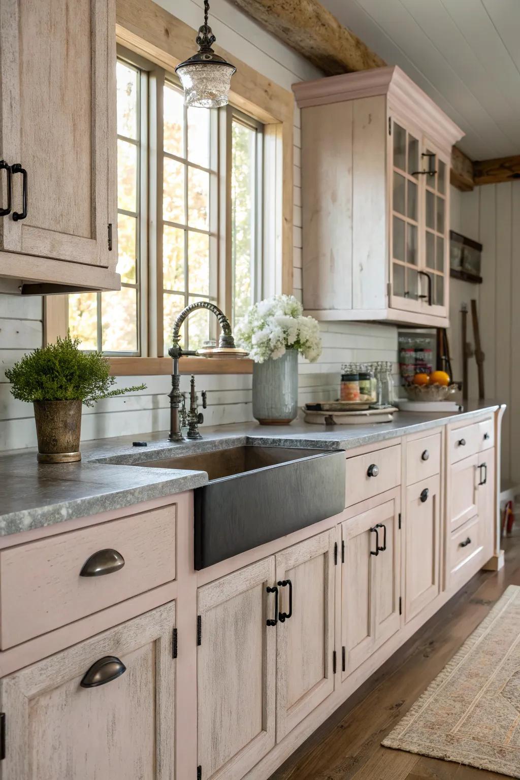 Industry elements can inject an edgy contrast into chalk-coated cabinets.