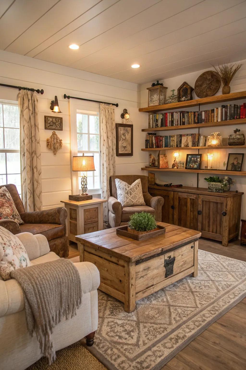 Restored timber furniture infuses history and character into this farmhouse living space.