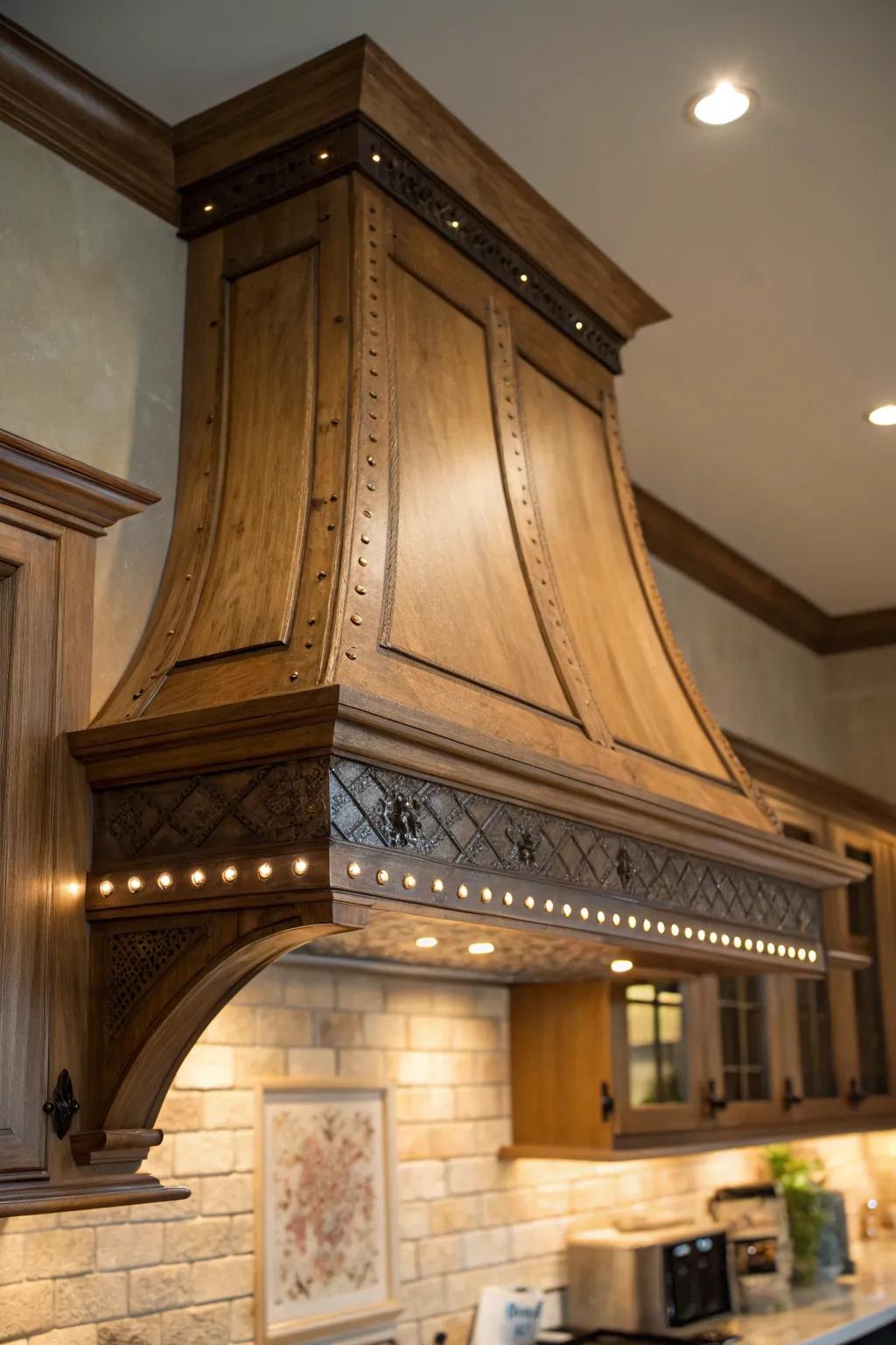 Accent illumination spotlights the characteristics of a timber range hood.