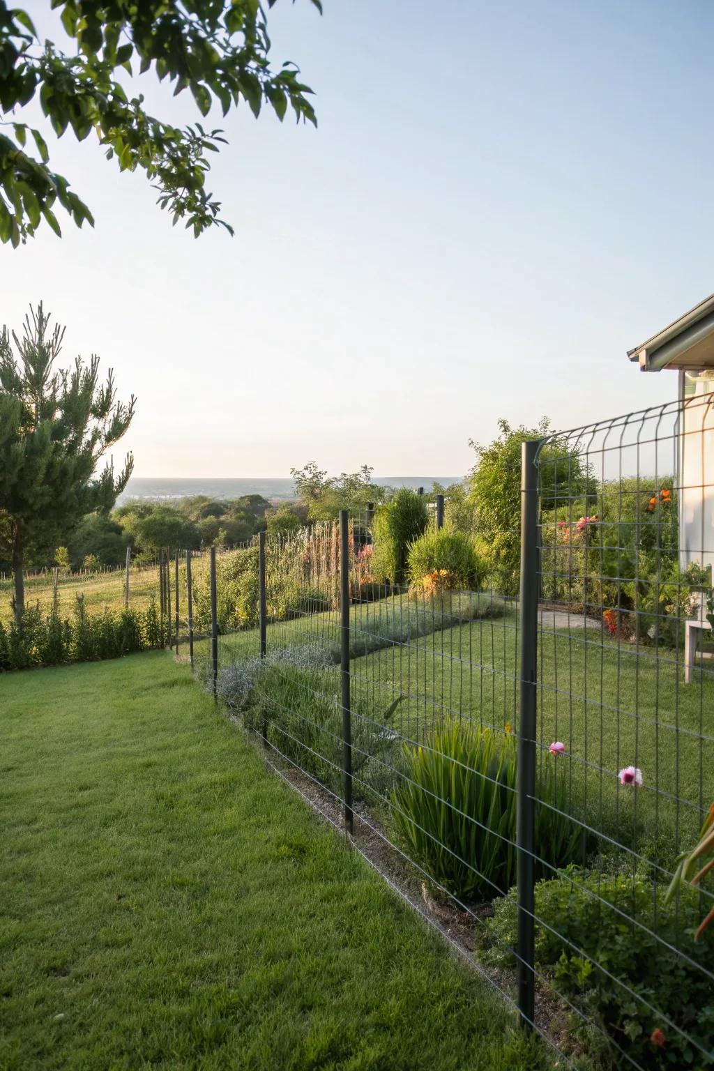 Wire fencing offers a minimalist design that displays the garden.
