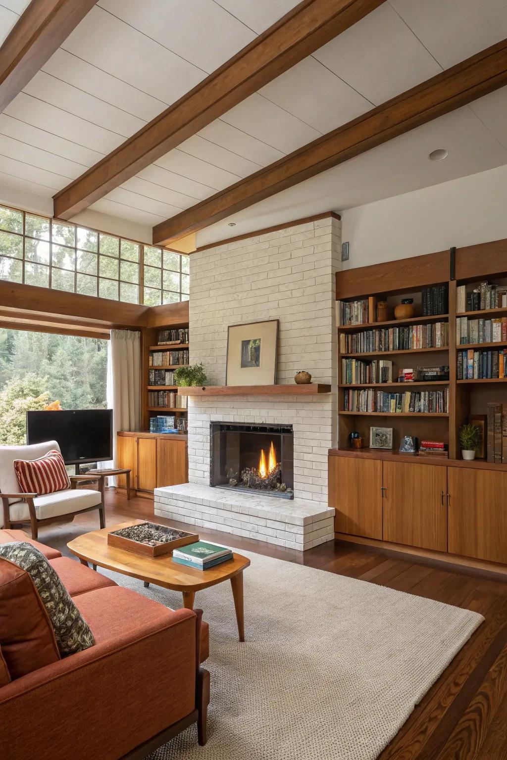 Mid-century modern design brings timeless elegance to the fireplace.