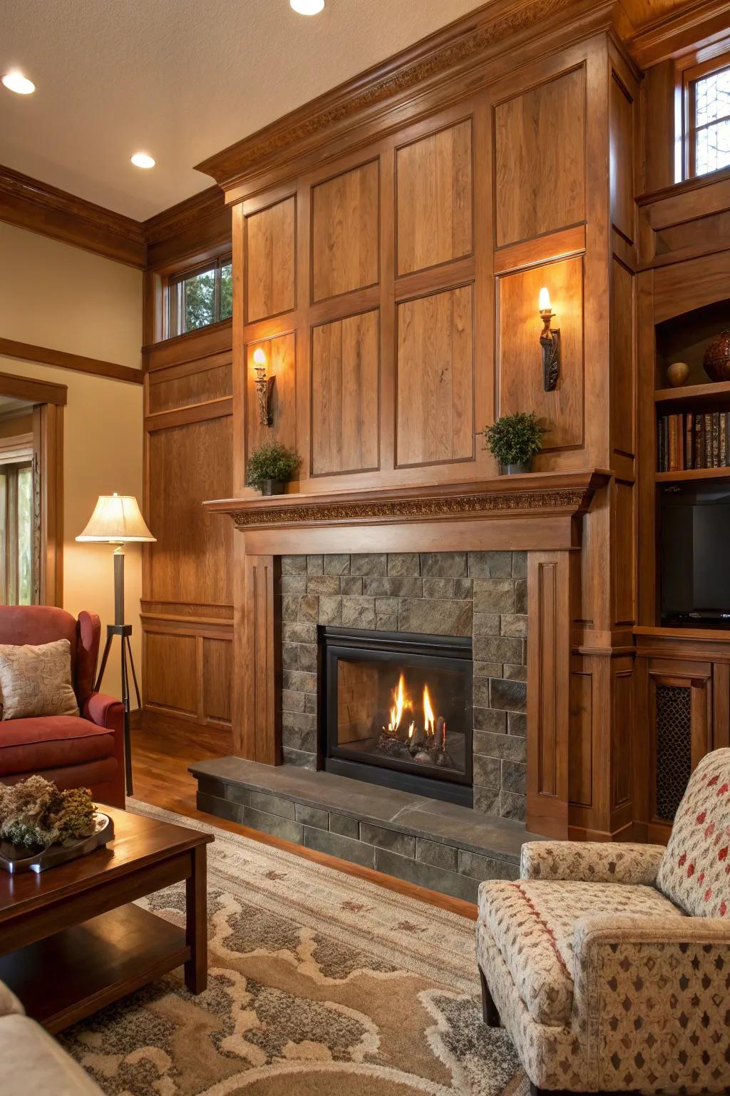 Varied wood tones impart warmth and depth to the fireplace.