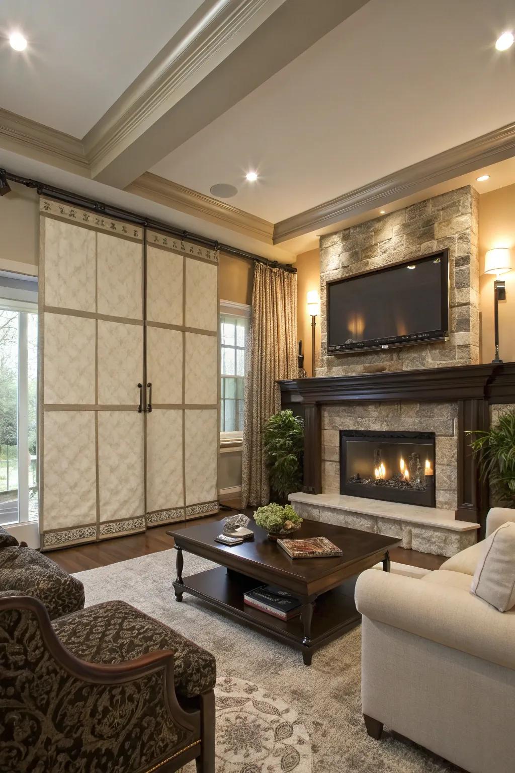 Sliding doors elegantly conceal a TV above the fireplace.