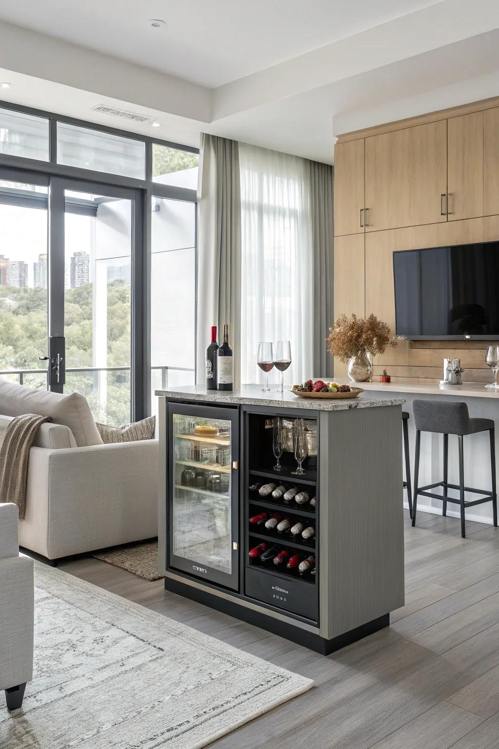 A bar with a hidden mini fridge that surprises and delights guests.