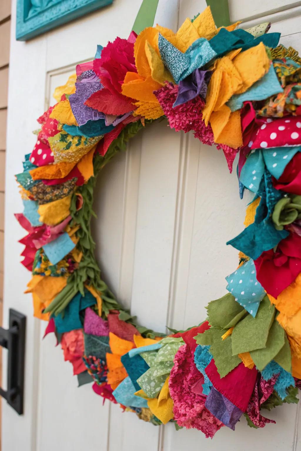 A recycled fabric wreath presenting an eco-friendly and vibrant design.