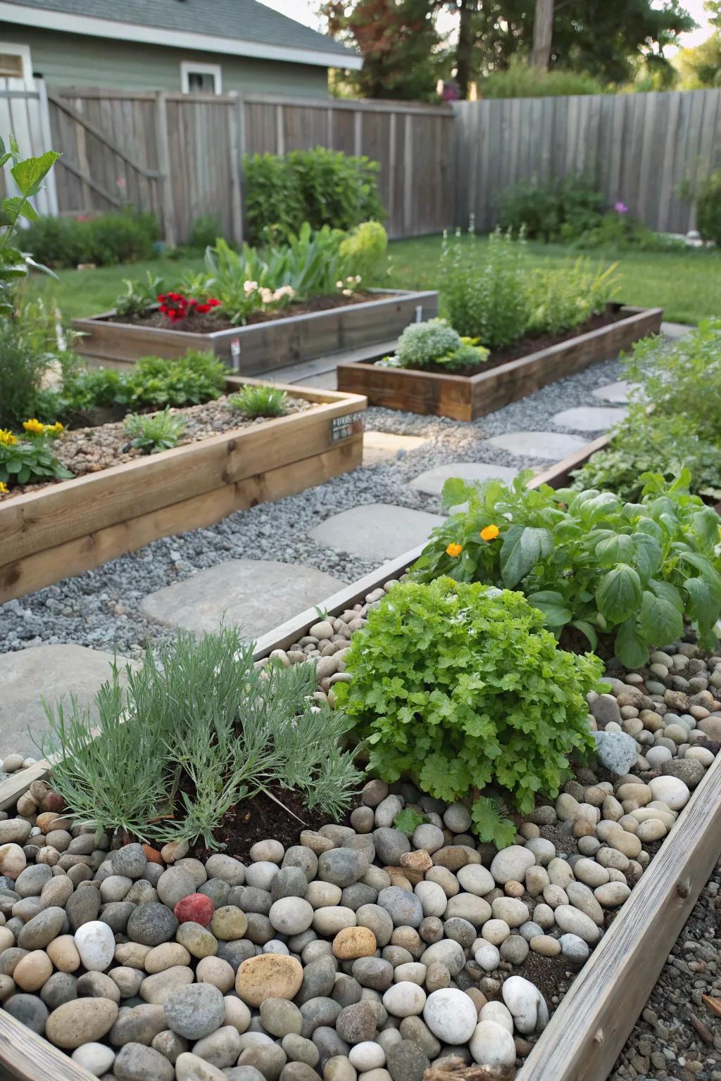 River rocks paired with edible plants create a sustainable garden.