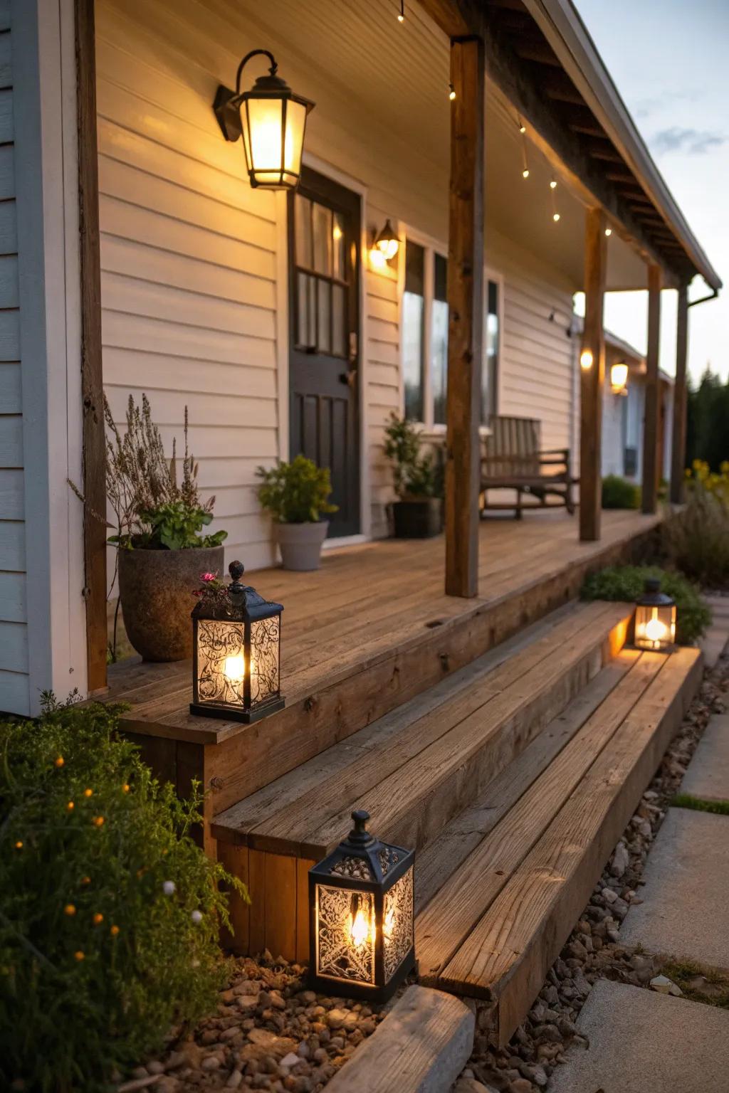 Eco-conscious solar illumination and reclaimed timber refine this porch’s sustainability.