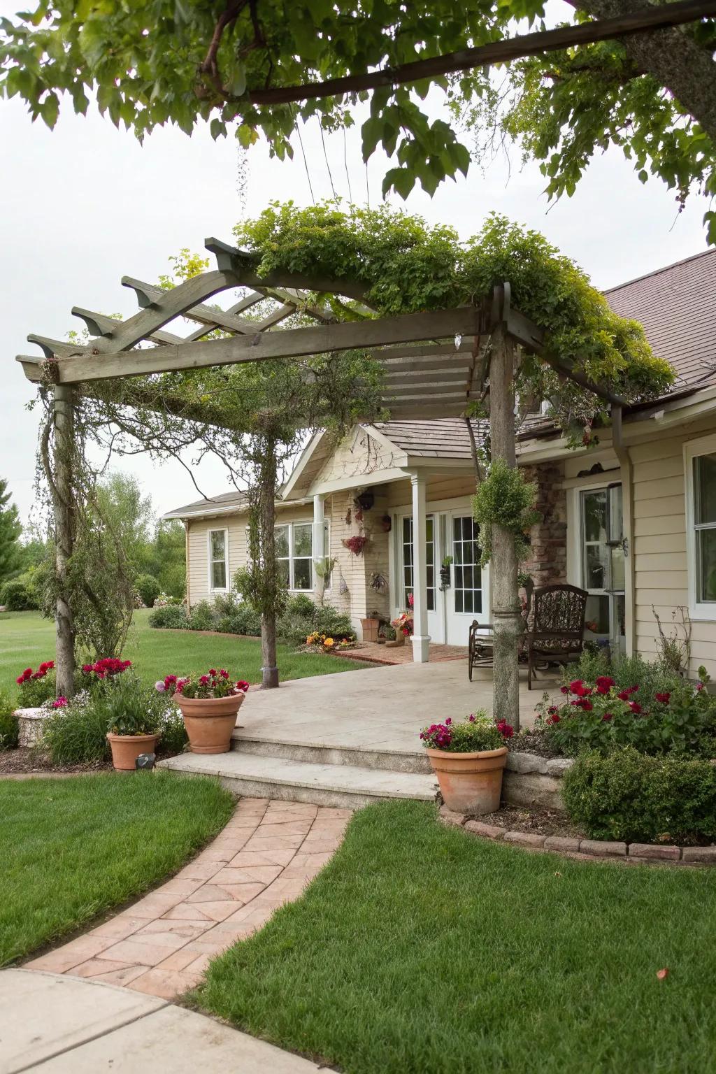 A pergola adds charm and draws the eye in the front yard