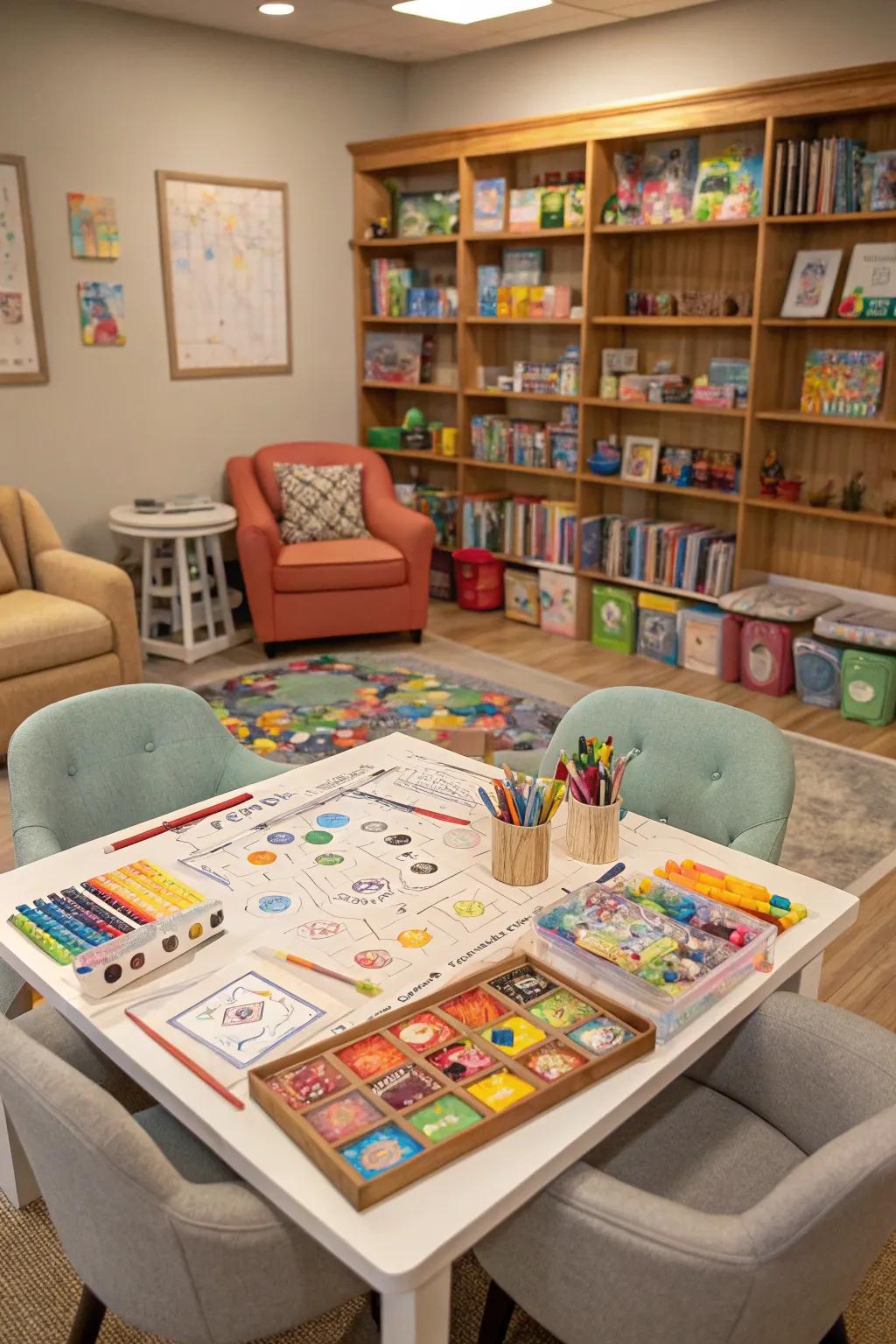 A craft corner encourages creativity alongside gaming.