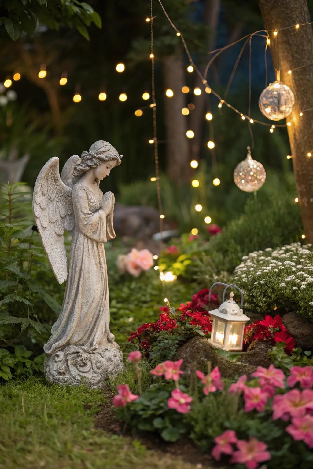 Small garden angel adding charm to a fairy garden.