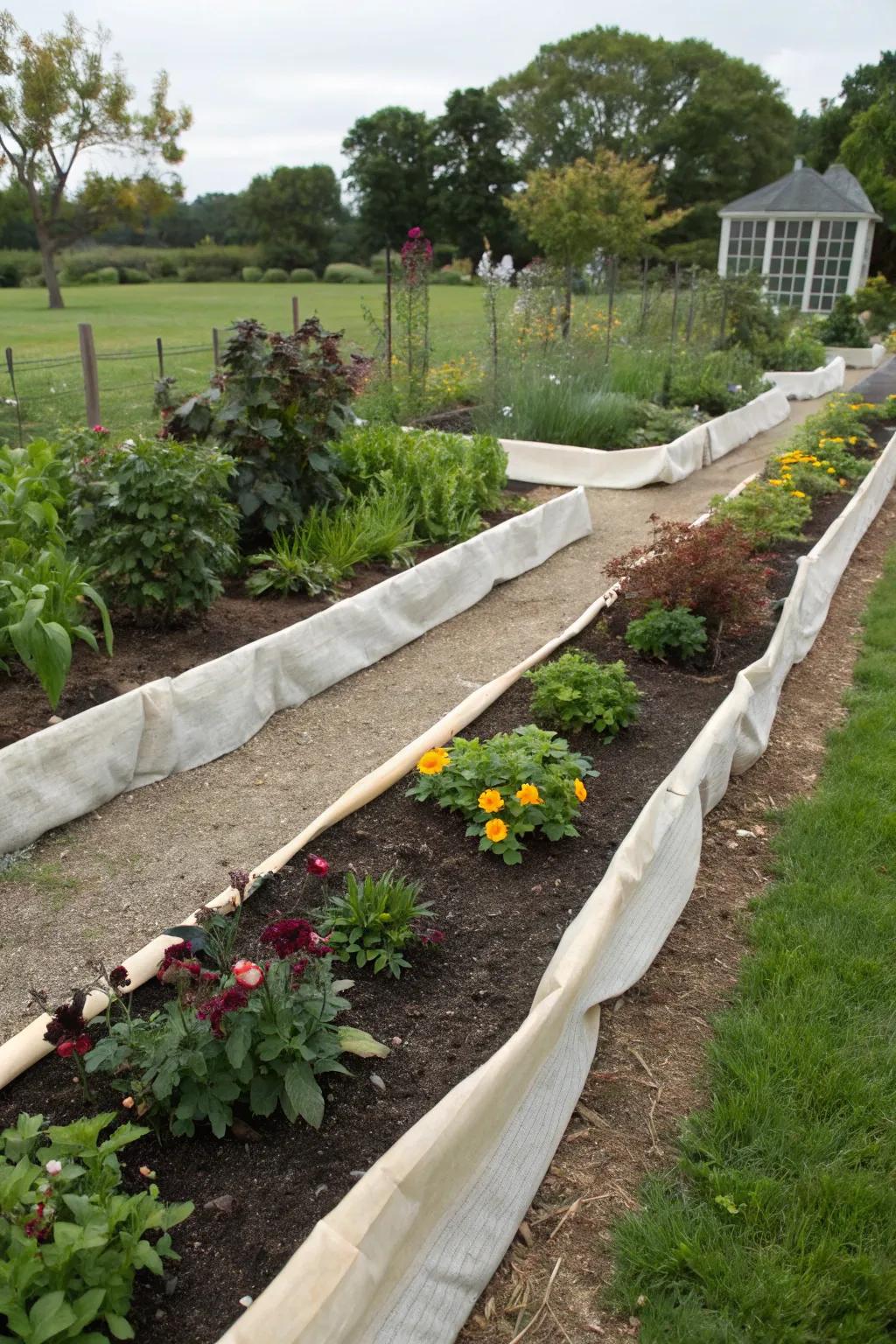 Garden fabric borders keep garden beds tidy and weed-free.
