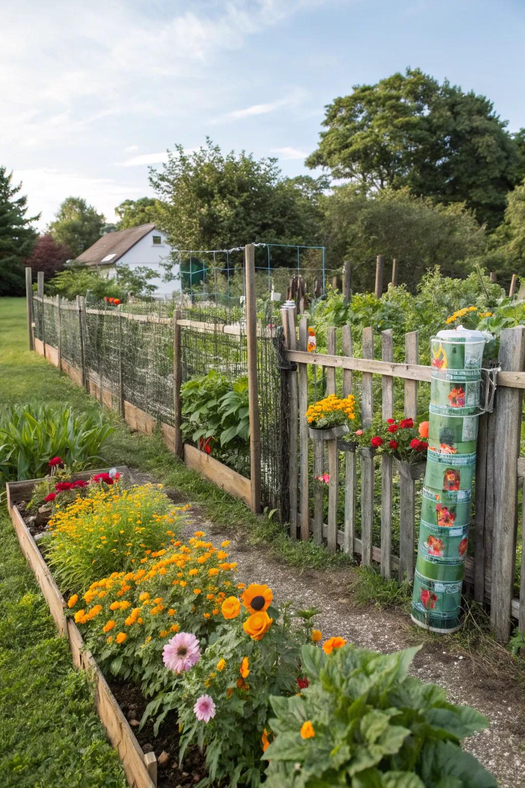 A fence crafted from recycled materials brings sustainable charm to the garden, showcasing eco-friendly ingenuity and creative design.