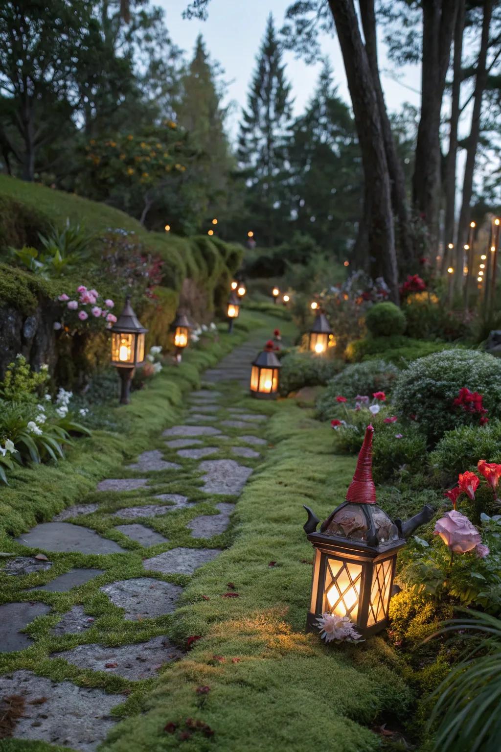Gnome beacons cast a magical glimmer over the garden.