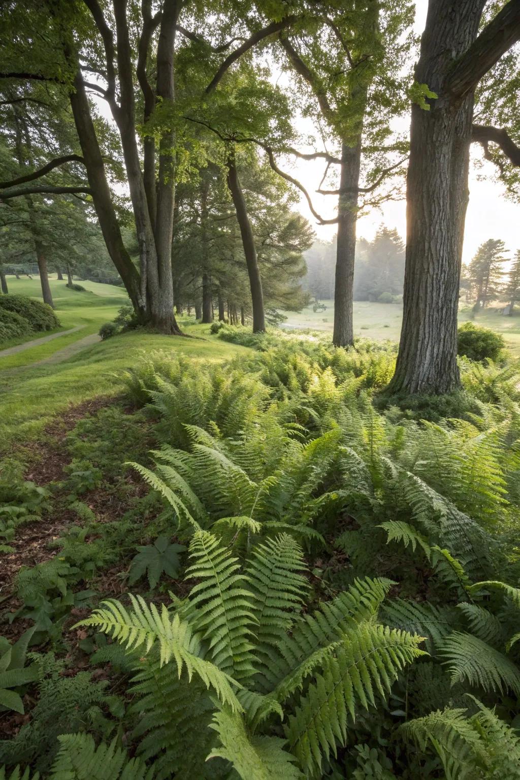 Fern landscapes add softness and greenery to shaded areas.