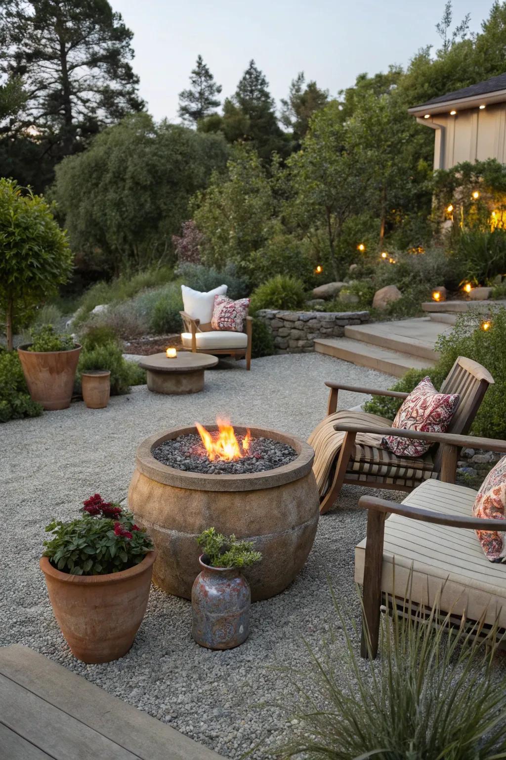 A fire pit surrounded by pots creates a cozy outdoor retreat.