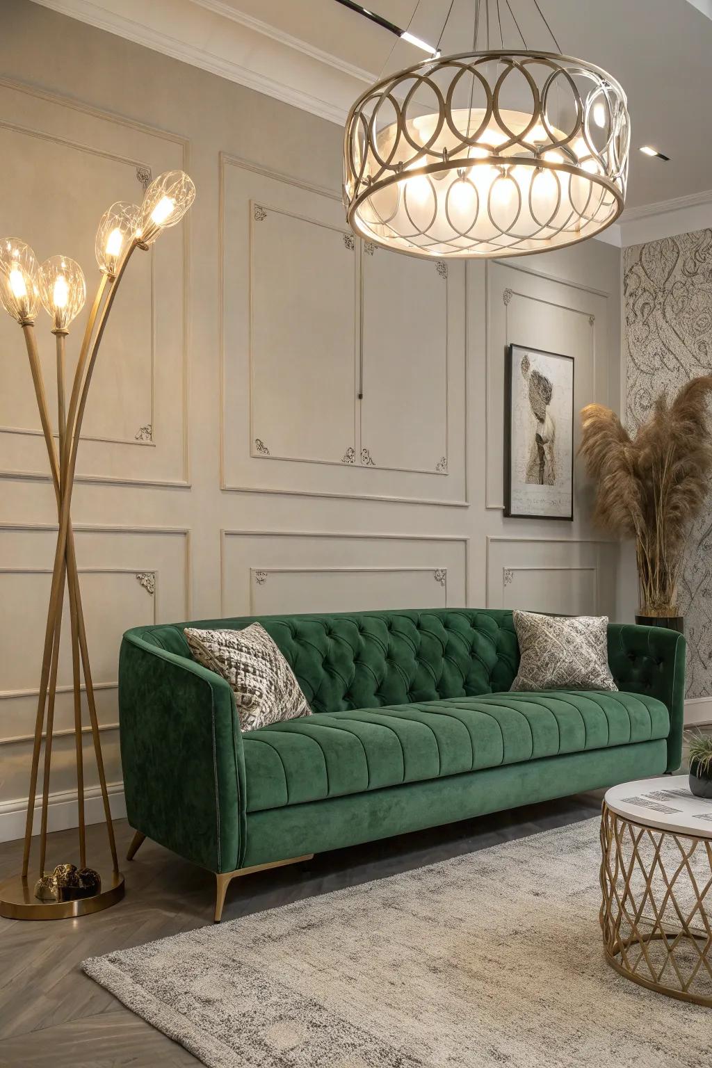 A charming living space featuring an emerald plush sofa and specialized lighting.