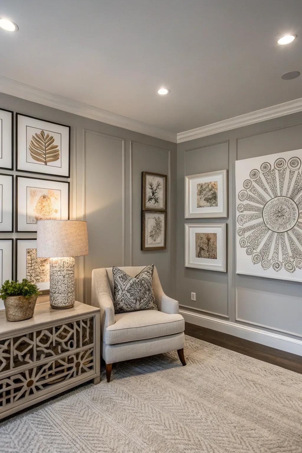 Bespoke wall art adds a personal stamp to this vogue grey room.