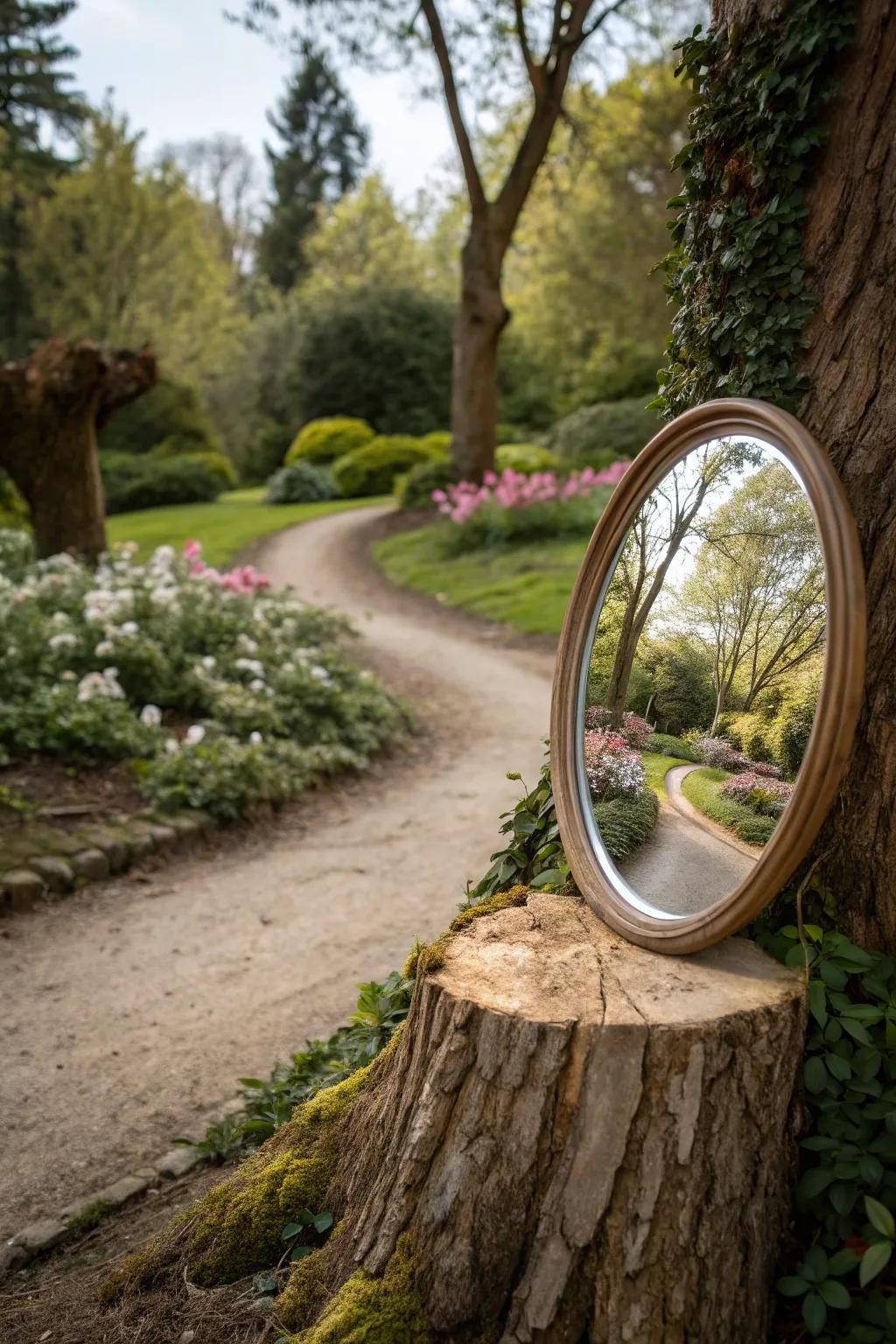 An outdoor mirror stand on a tree stump enhances garden aesthetics.