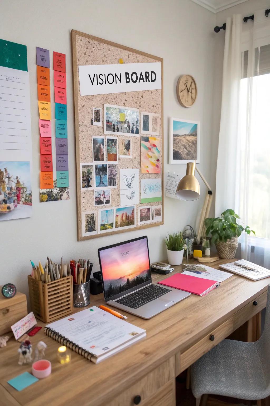 A vision board provides daily inspiration and motivation in a home office.