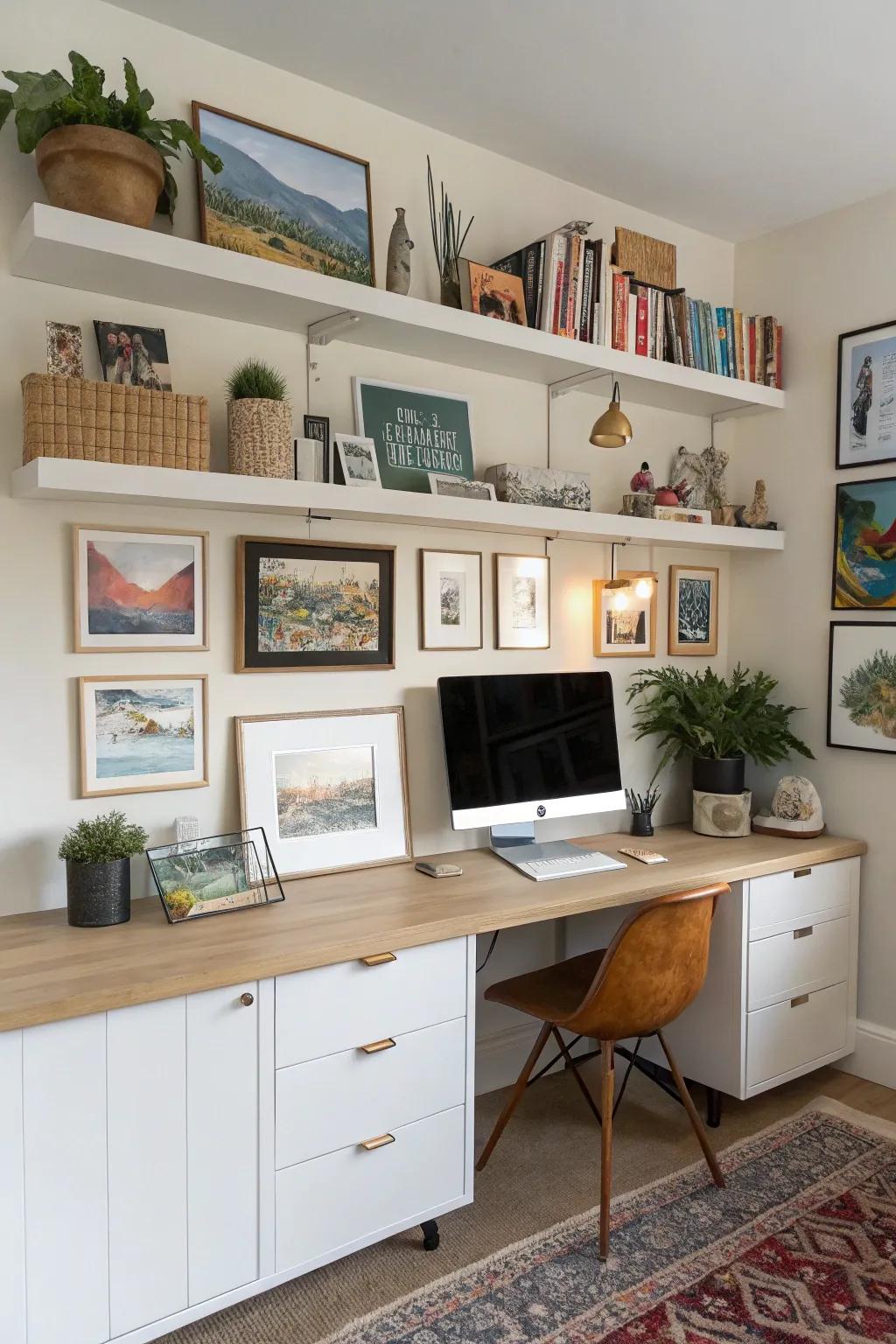 Shelving integrated with art displays contributes sophistication.