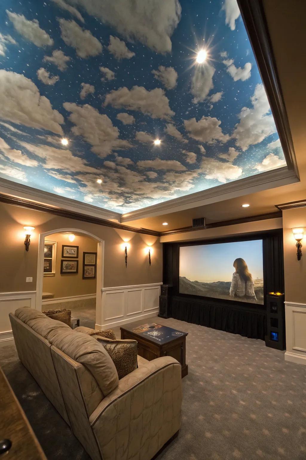 Evoke a spacious ambience using a horizon-themed ceiling.