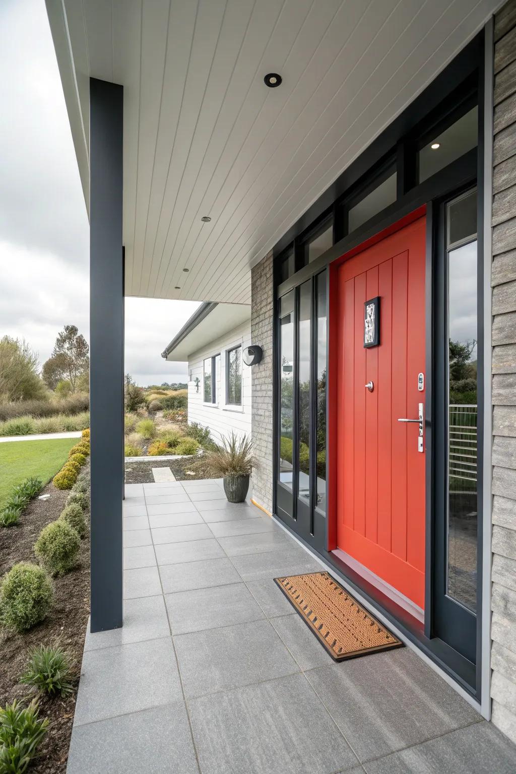 A new door serves as the stunning centerpiece of this modern porch.