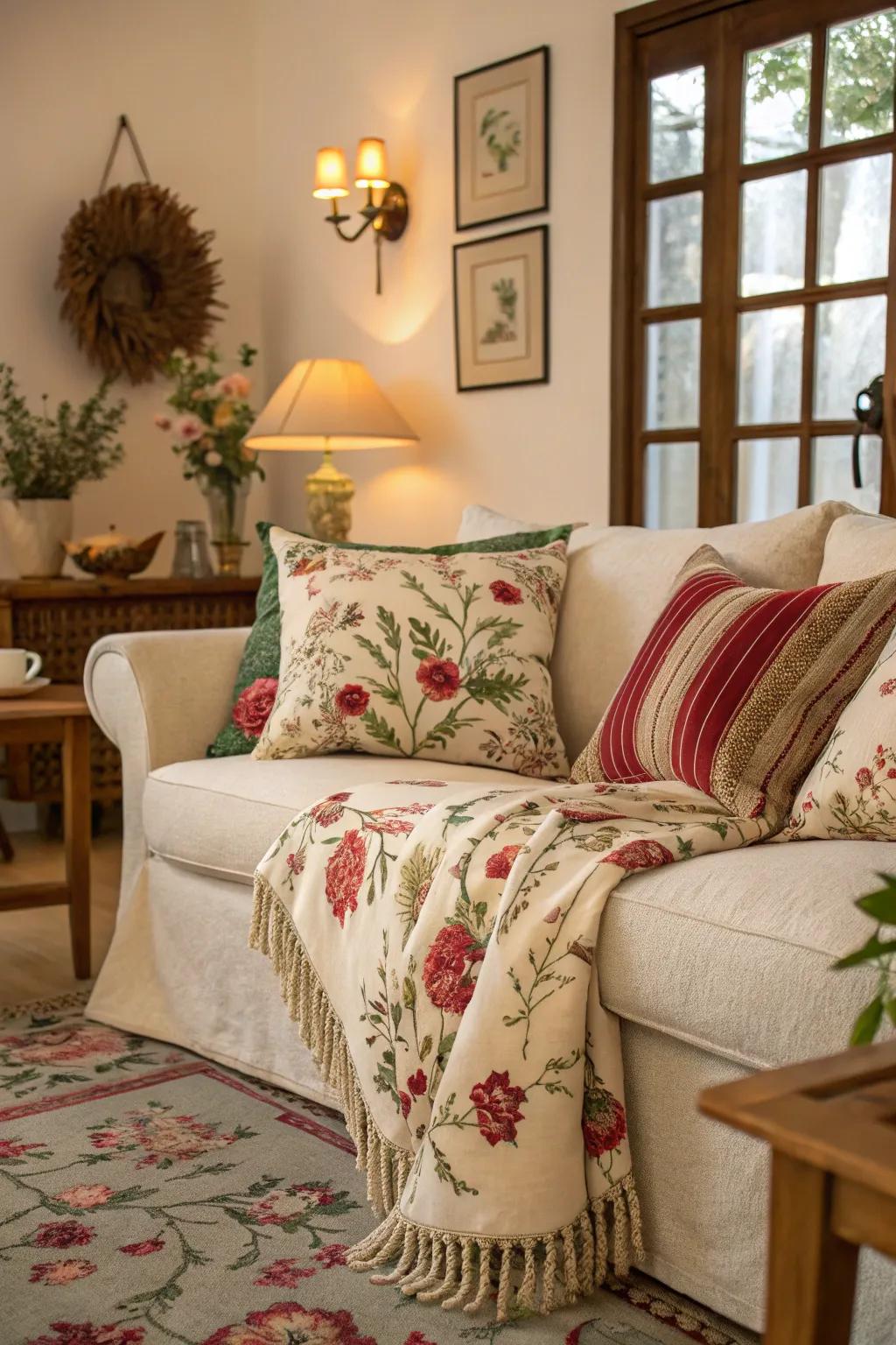 Spring-themed textiles instantly change the room's vibe.