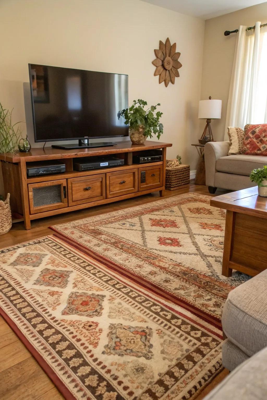 Layered rugs bring warmth and texture to your TV area.
