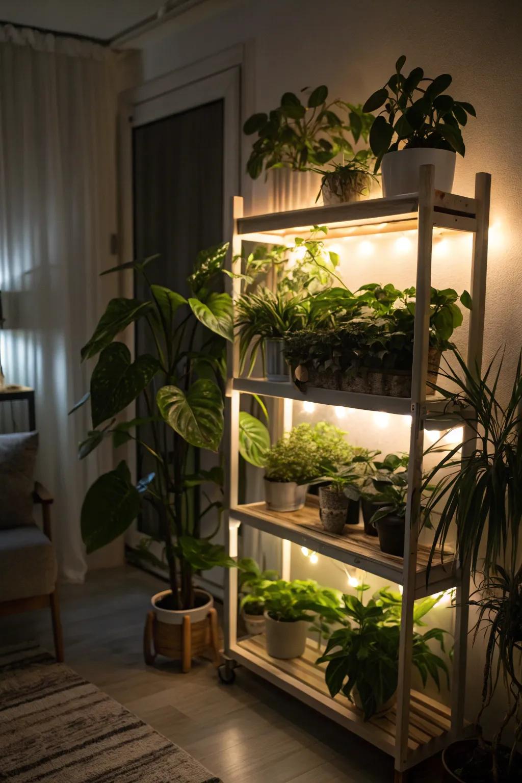 LED lights can transform your plant display into a captivating night scene.