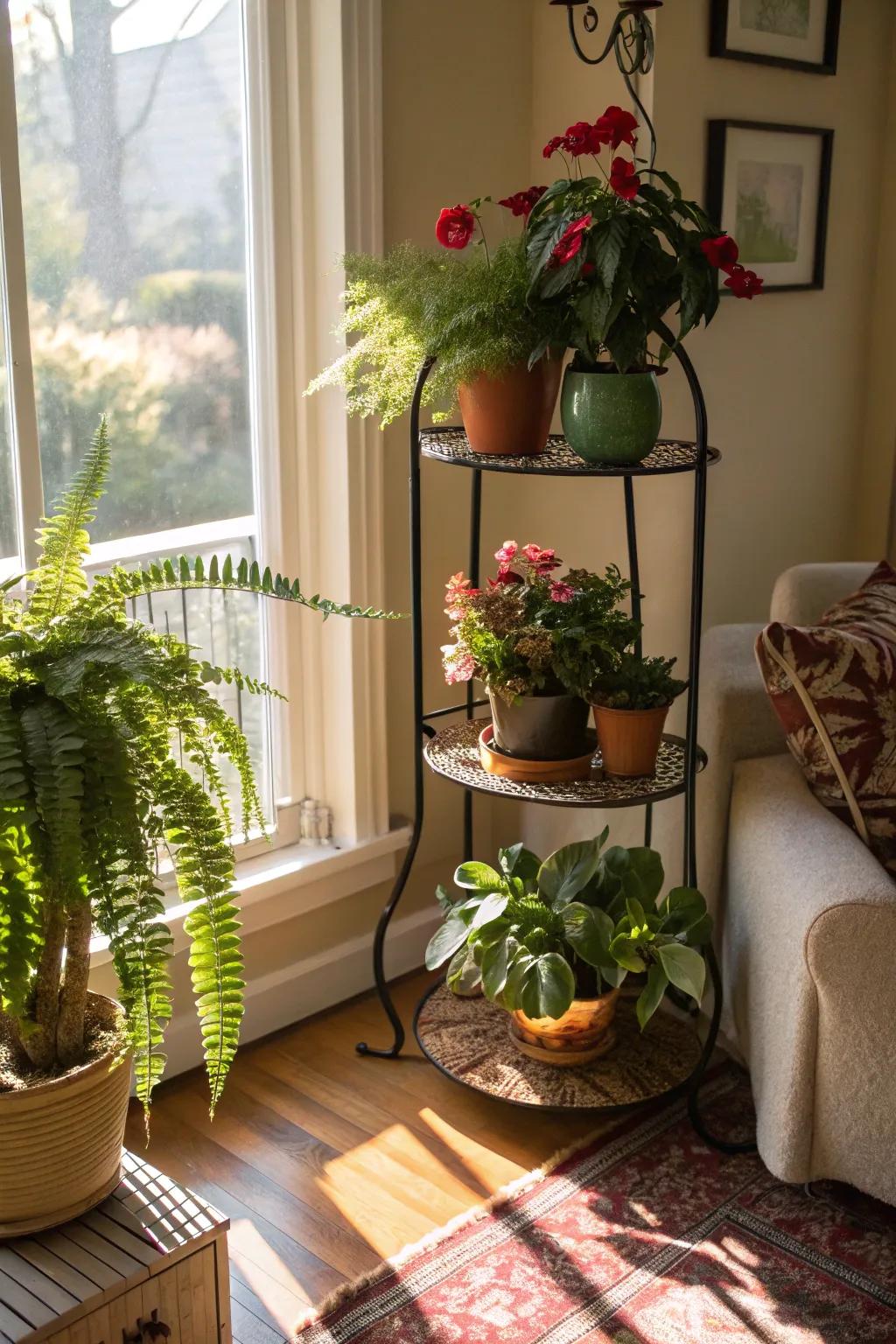Display plants at different heights with tiered stands.