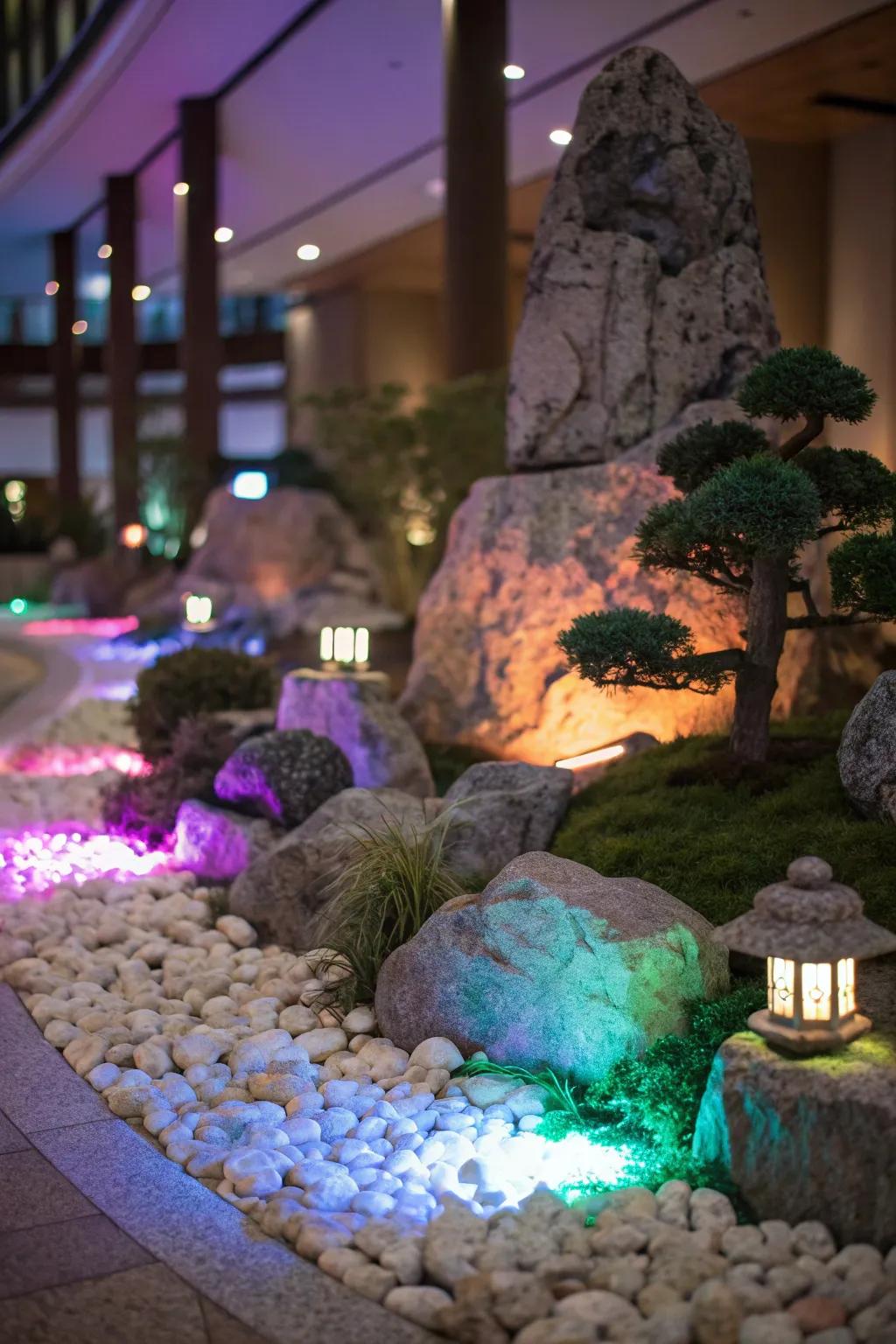 A lighted rock garden sparkles with enchanting nighttime charm.
