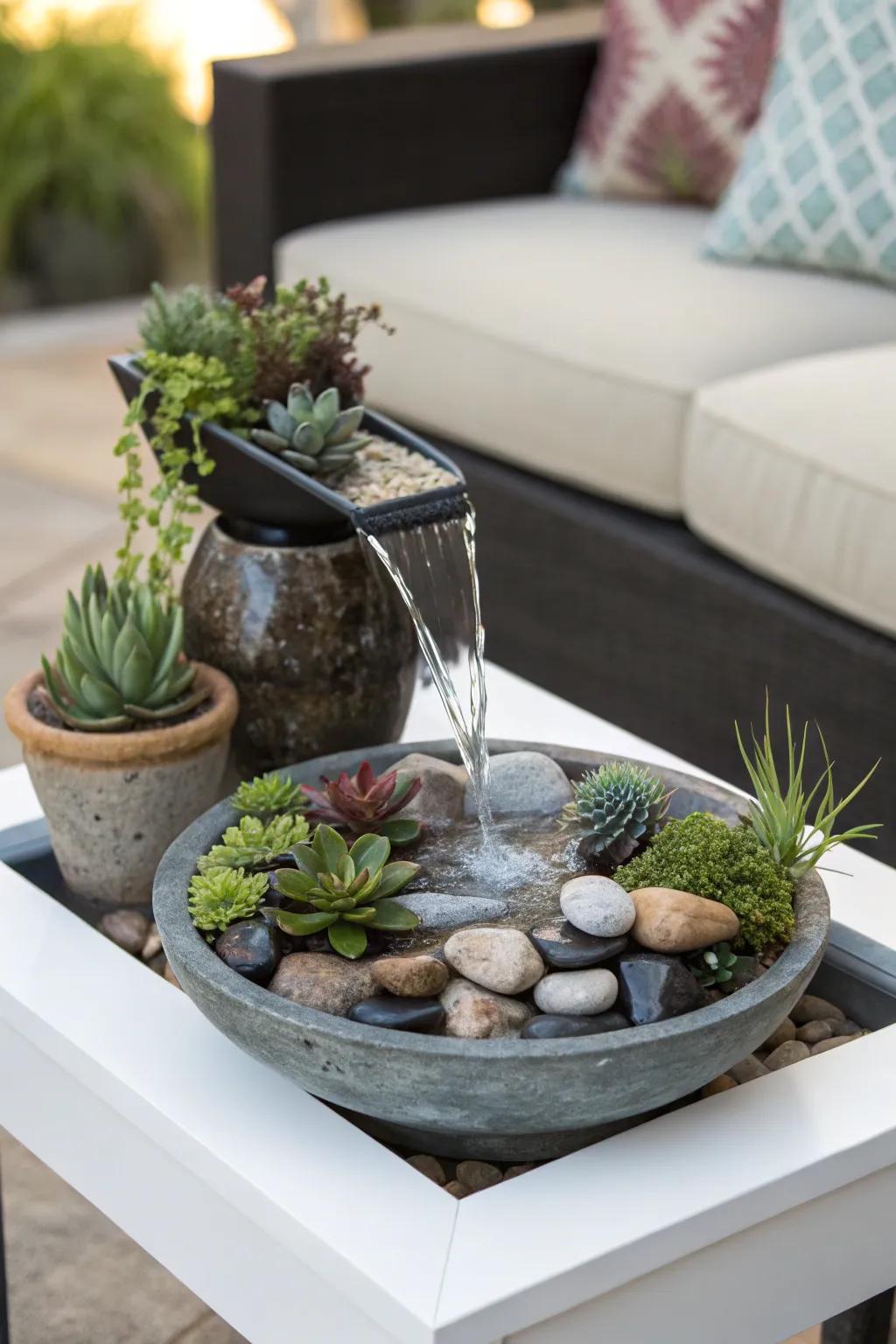 A tabletop fountain with succulents creates a soothing atmosphere.