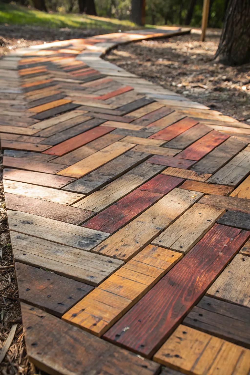 Transform your path with a stylish eco-friendly pallet walkway – where craftsmanship meets sustainability.