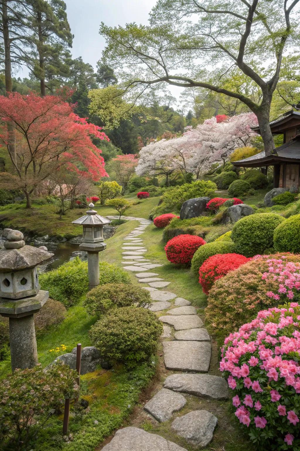 Seasonal plants providing year-round interest in a Japanese garden.
