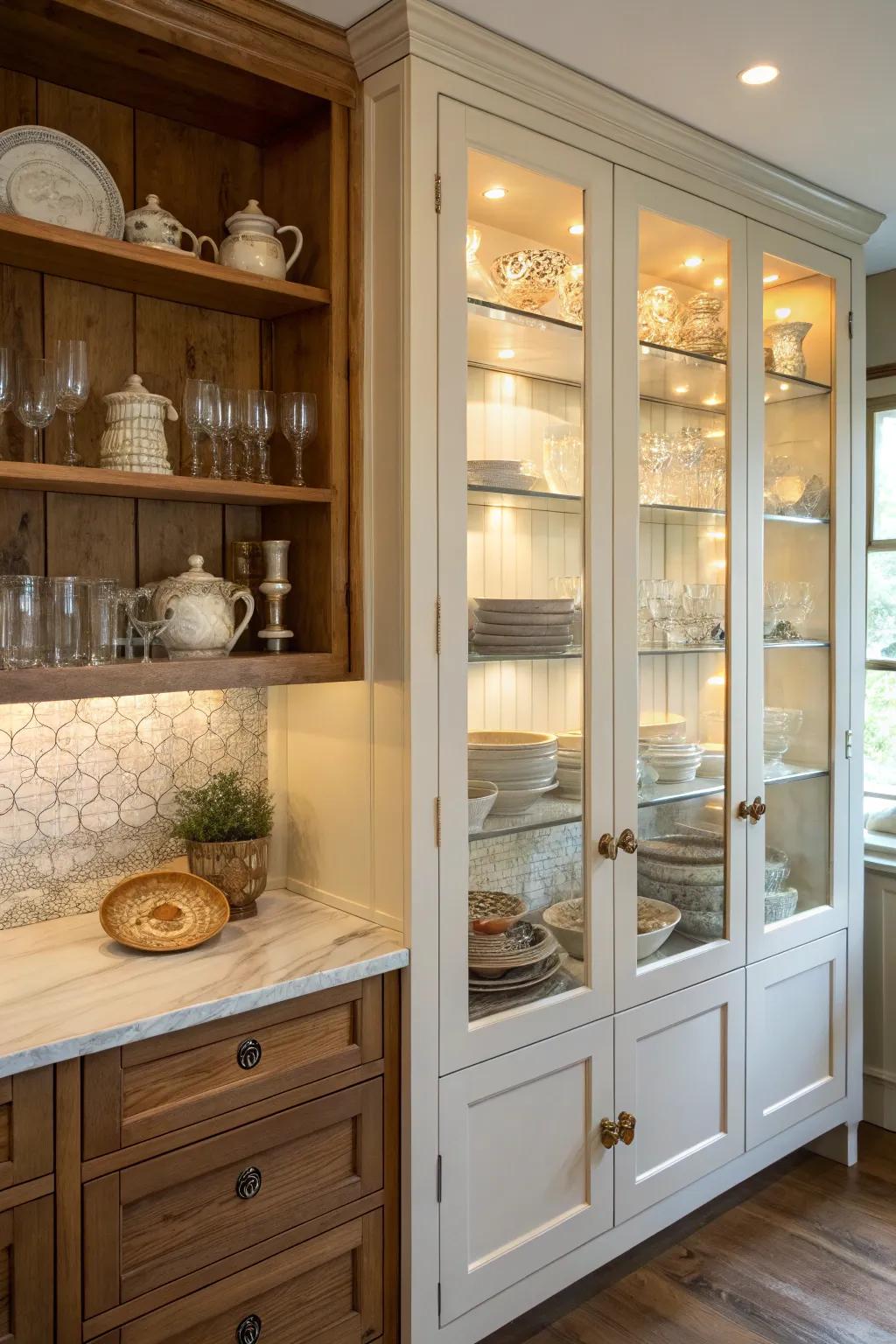 Glass front cabinets bring elegance and openness to this kitchen alcove.