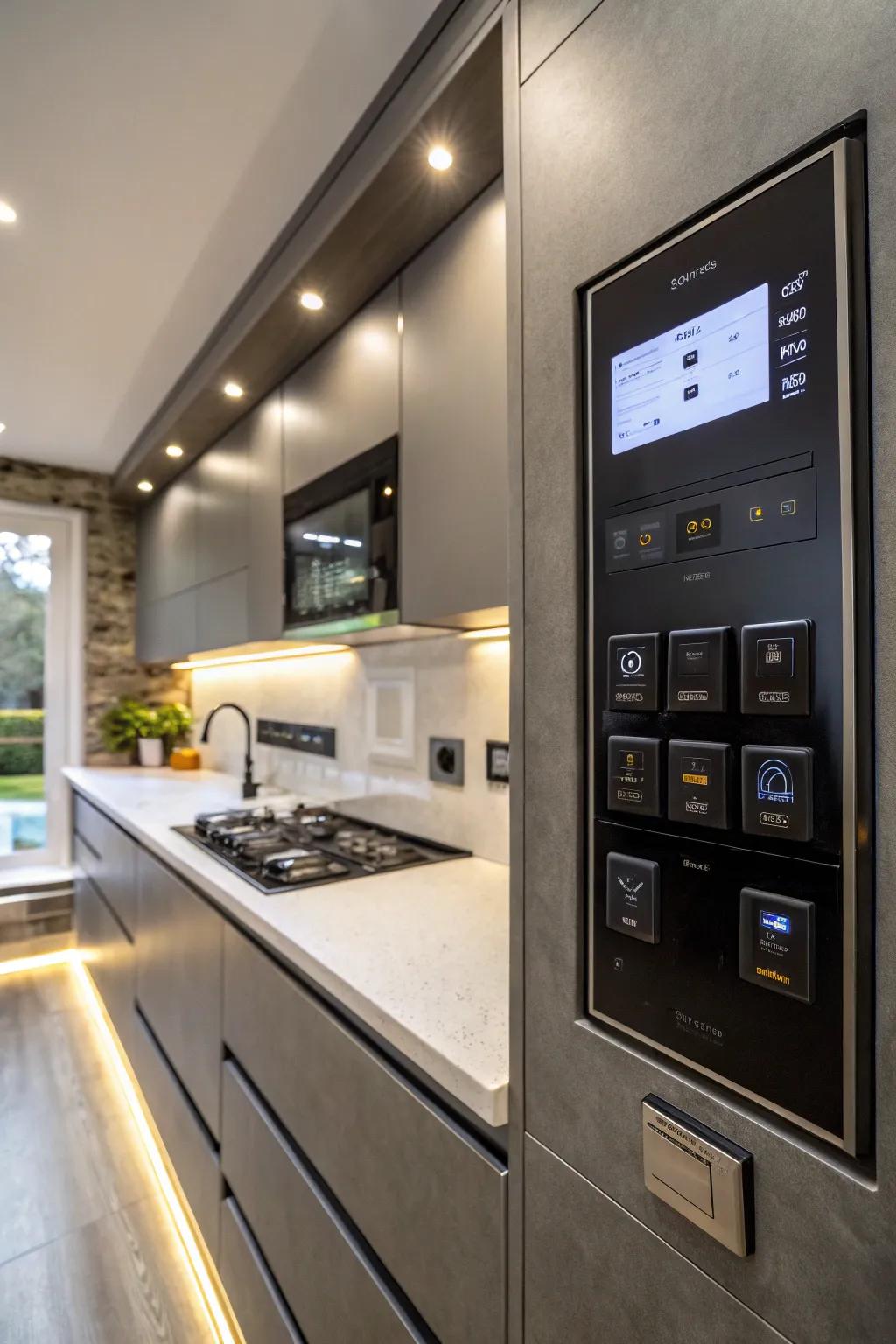 A bulkhead with smart technology, featuring integrated lighting controls in the kitchen.