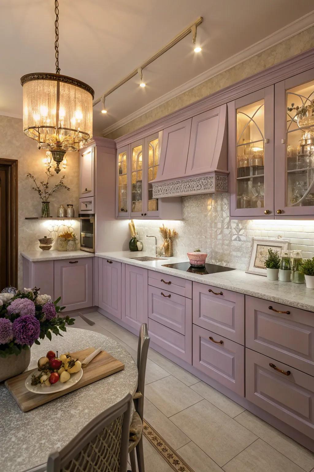 Lilac cabinets deliver a soft and romantic kitchen aesthetic.