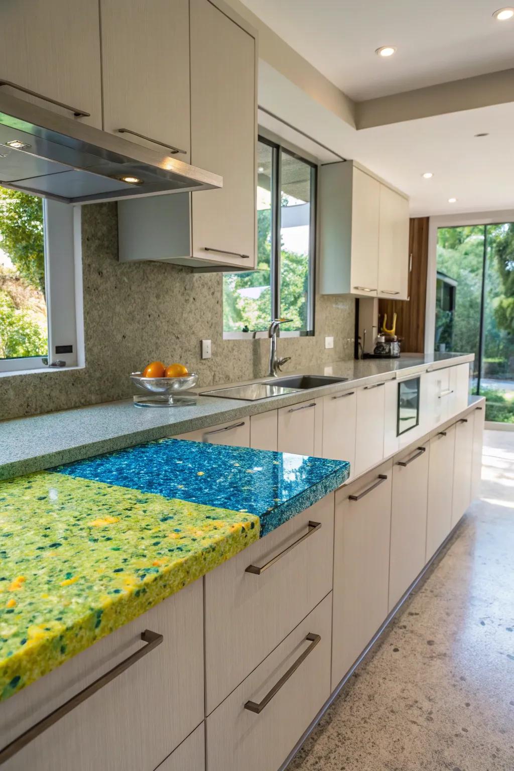 Recycled glass countertops provide an eco-friendly and artistic touch.