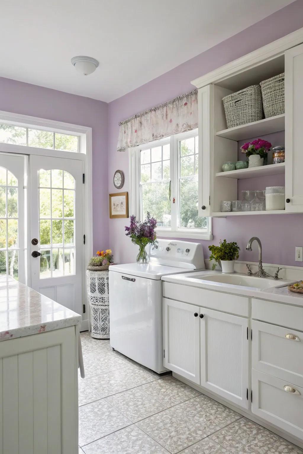 Subtle lavender shades establish a calming and serene kitchen surrounding.