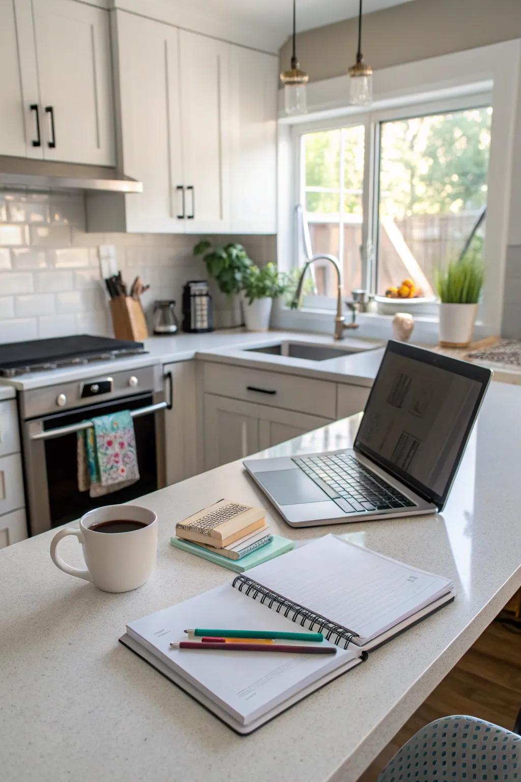 A kitchen desk area created by repurposing previously unused space.