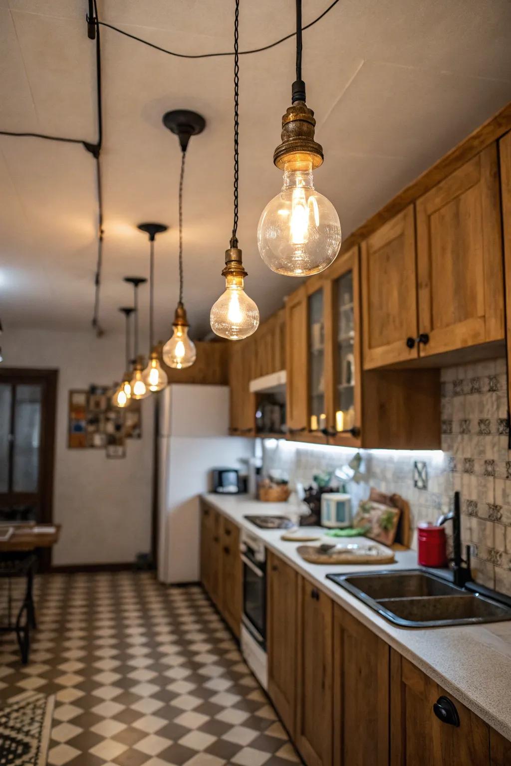 Vintage bulbs creating a cozy, retro vibe.