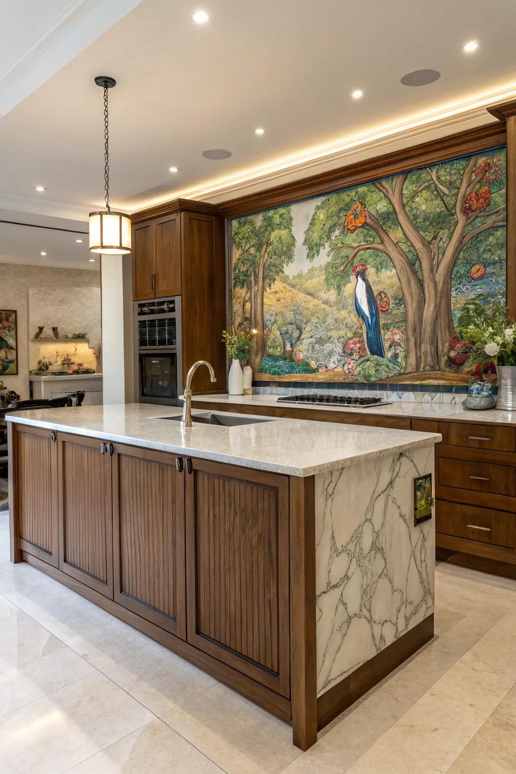 An artistic mural transforms this cooking island into a stunning gallery piece, blending art featuring function.