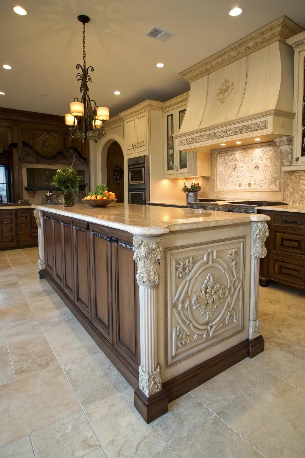 Unique island with artistic carving in the trim for a personal touch.