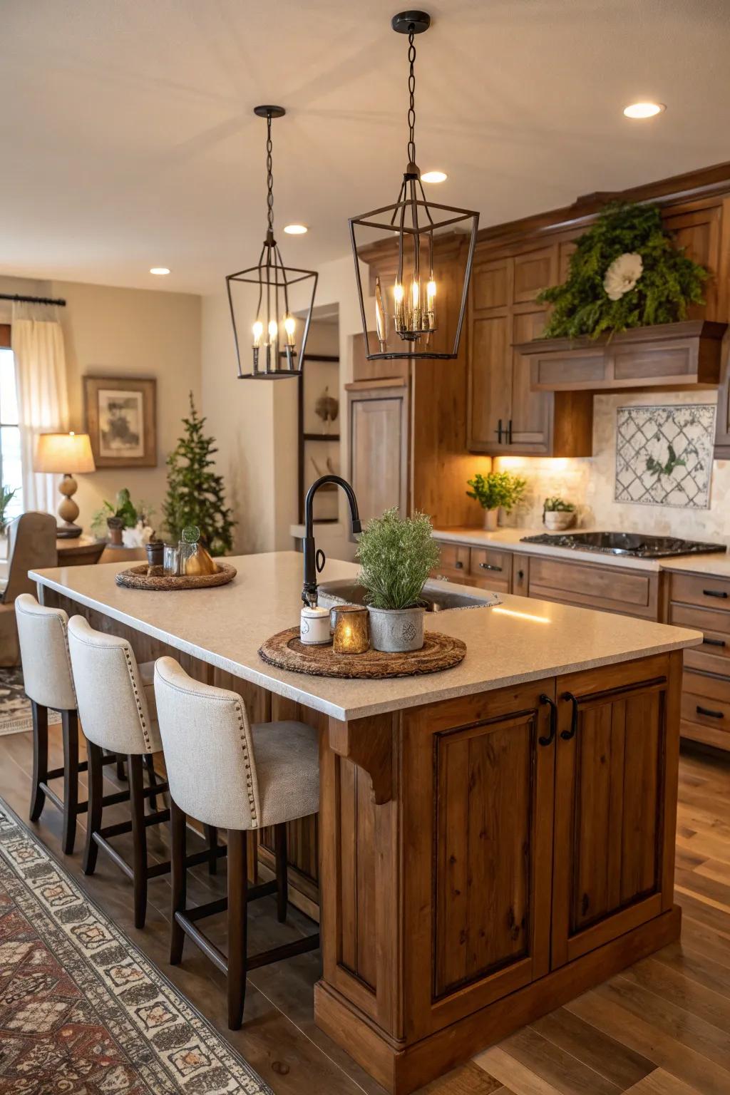 A warm and inviting kitchen island with rich wood tones.